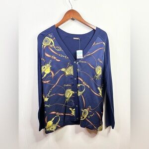 J McLaughlin navy blue equestrian mixed media printed silk cotton cardigan SM